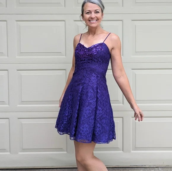 Vintage | Dresses | Purple Lace Mini Dress 98s 80s Fit N Flare S | Poshmark
